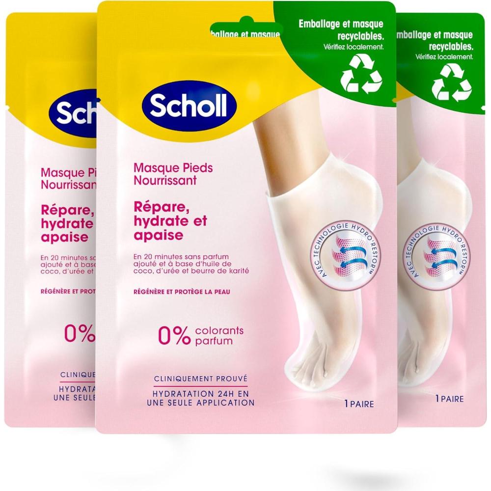 imageScholl Masque Pieds Lot de 3 Nourrissant  lHuile de Noix de Coco Sans parfum ni colorants pour peaux sches Chaussettes hydratantes non grasses faciles  utiliser Emballage et masque recyclables
