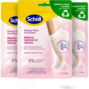 Scholl Masque Pieds Lot de 3 Nourrissant à l&rsquo;Huile de Noix de Coco: Sans parfum ni colorants pour peaux sèches. Chaussettes hydratantes non grasses, faciles à utiliser. Emballage et masque recyclables