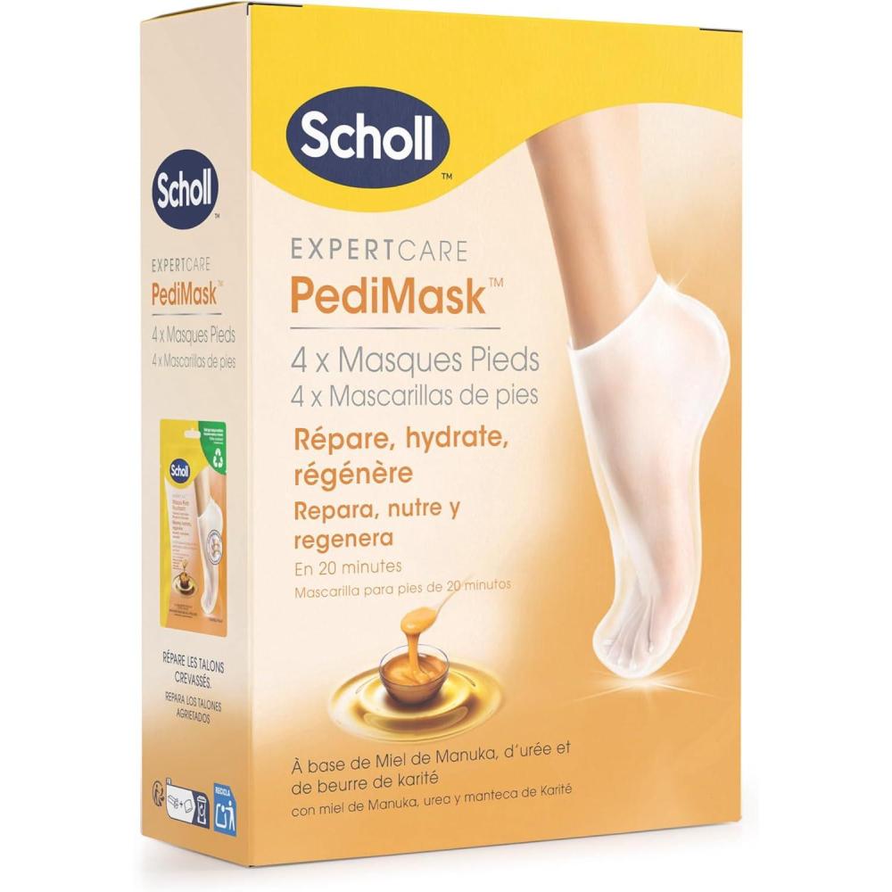 imageScholl Masques pour pieds Nourrissants  Lot de 4 paires  Des pieds plus doux en une seule application  Formule compose dhuile de manuka dure et de beurre de karit pour une hydratation intense